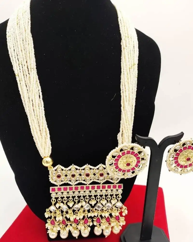 Luxury pearl rajasthani long necklace - traditional gold-plated kundan with red stones - bridal wedding jewelry set