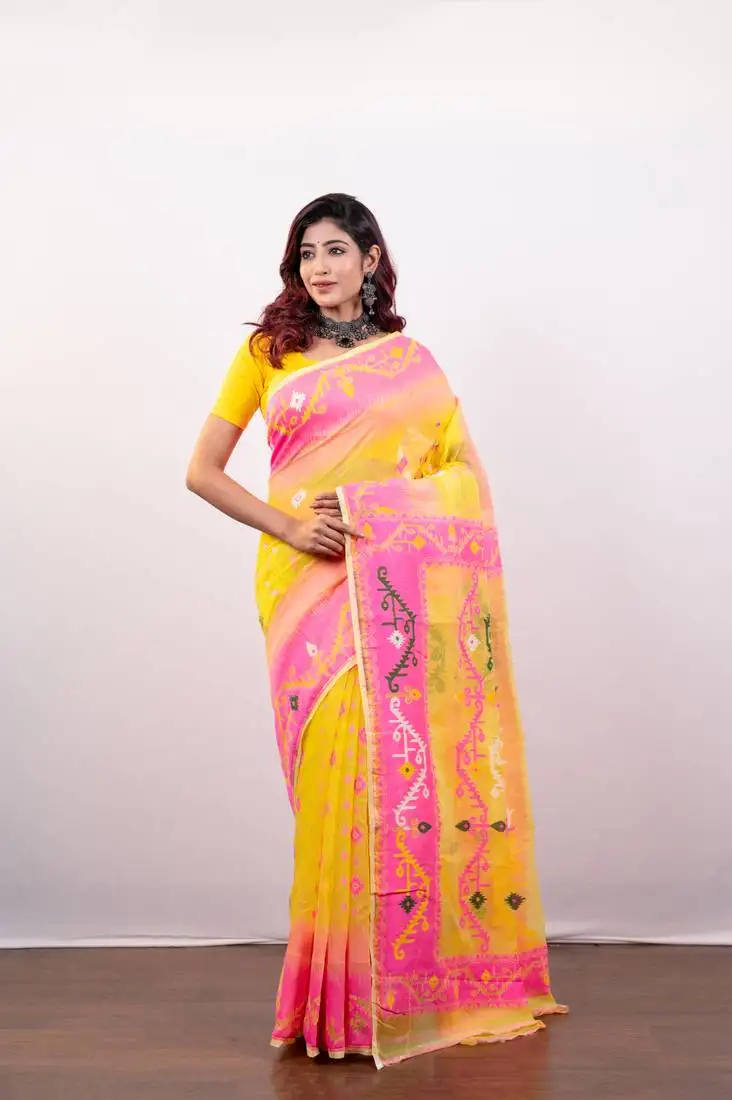 Yellow and pink cotton jamdani saree with multi woven motifs
