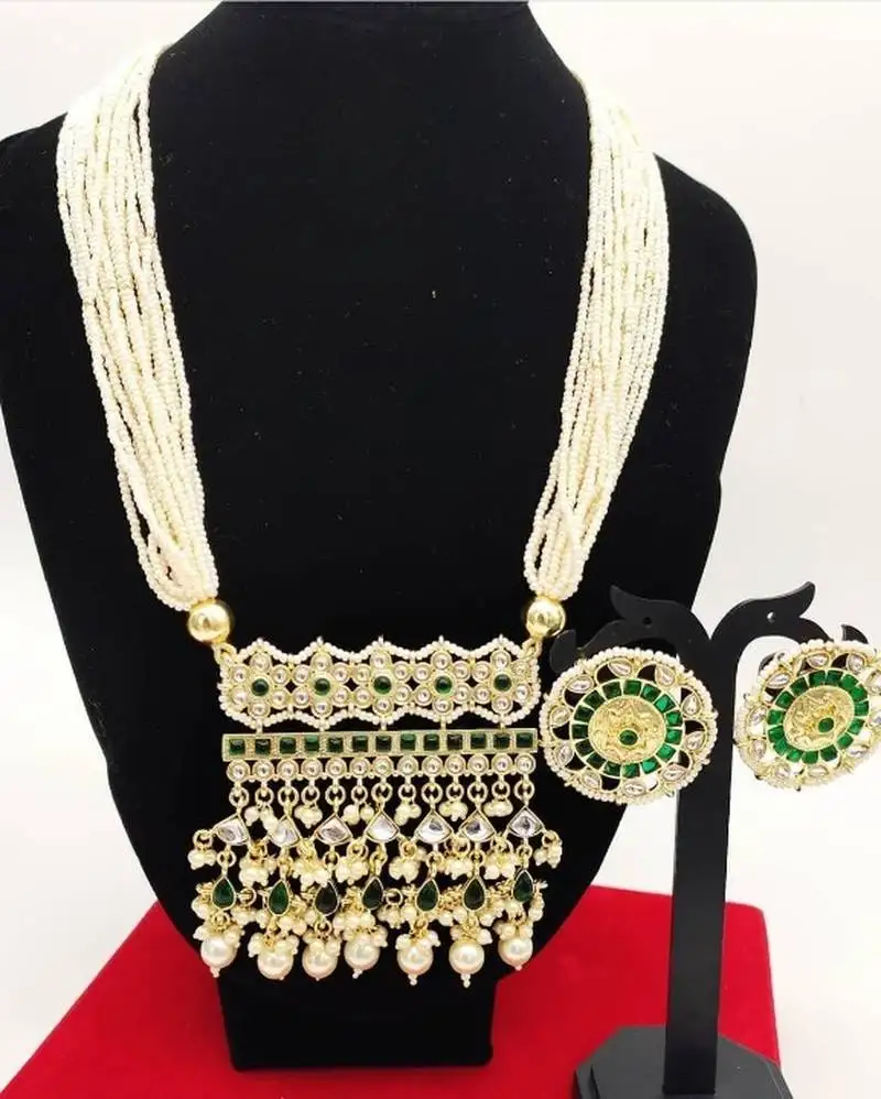 Luxury pearl rajasthani long necklace - traditional gold-plated kundan with green stones - bridal wedding jewelry set