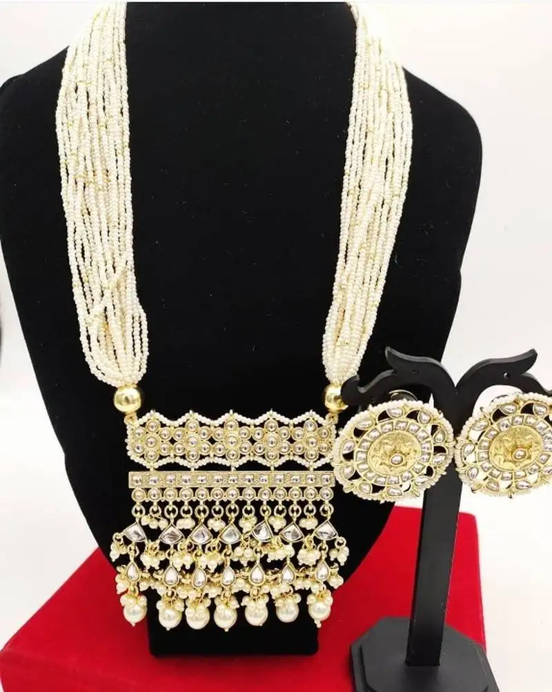 Luxury pearl rajasthani long necklace - traditional gold-plated kundan with white stones - bridal wedding jewelry set