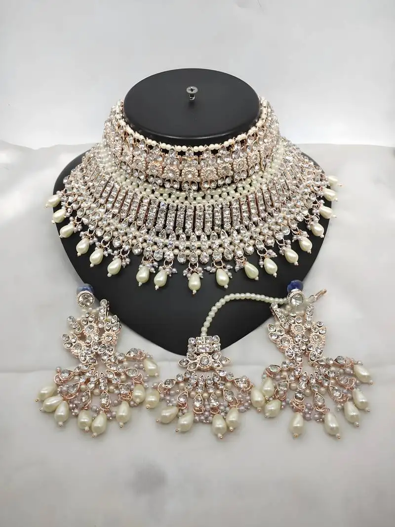 Luxury white crystal choker set - rose gold-plated bridal jewelry with pearl accents