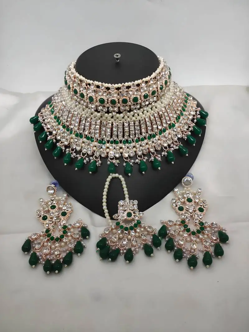 Luxury green crystal choker set - rose gold-plated bridal jewelry with pearl accents