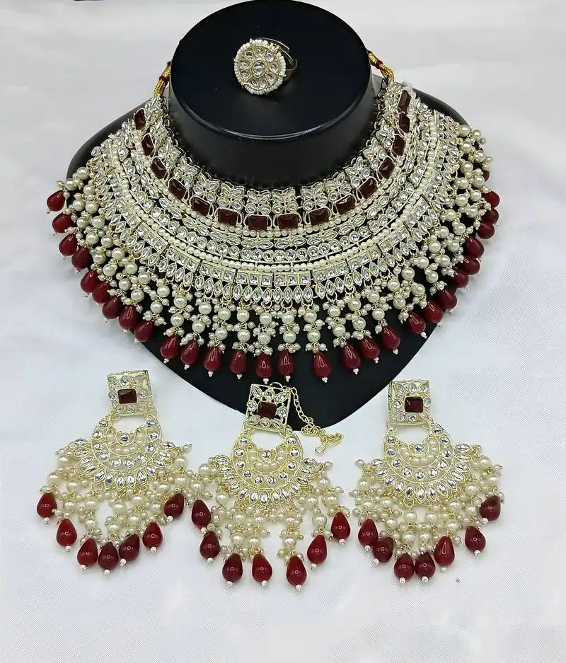 Royal pearl and crystal choker set - gold-plated wedding jewelry with earrings and ring