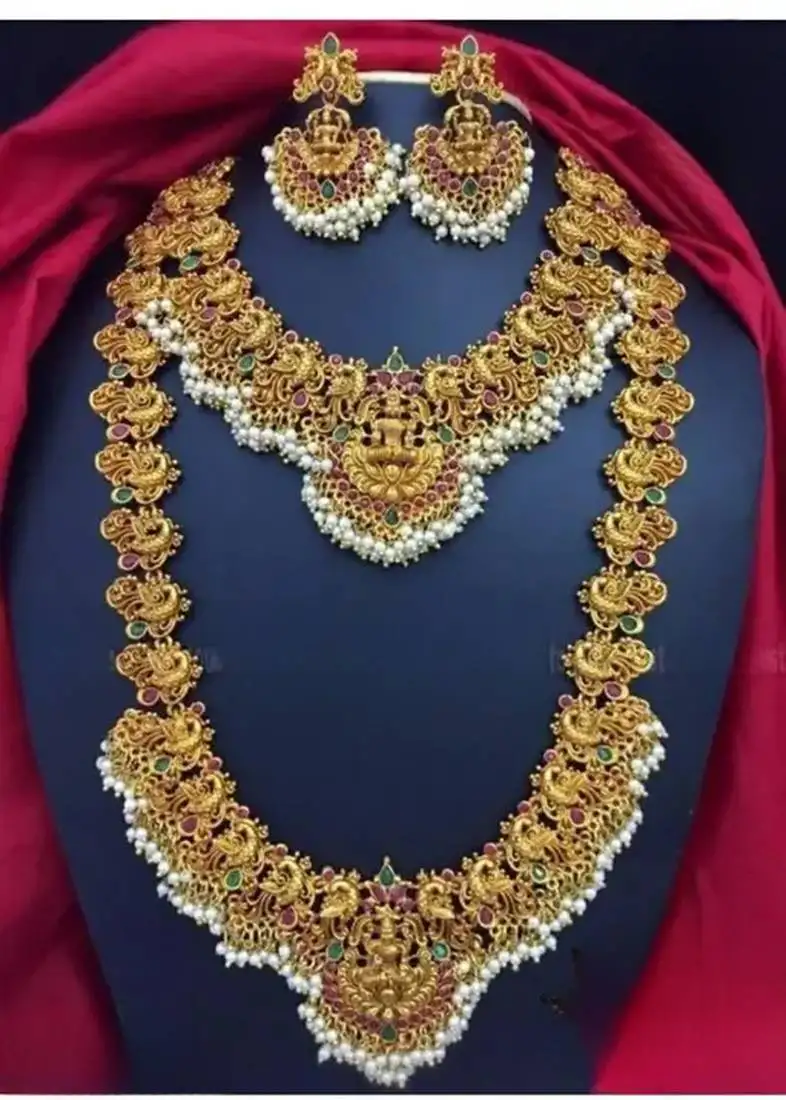 Regal lakshmi temple jewelry set - gold-plated necklace and earrings with pearl clusters