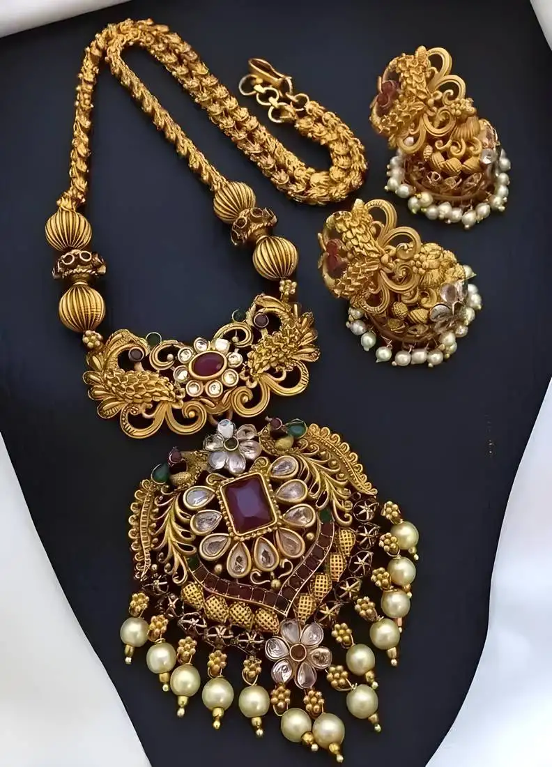Antique-finish temple jewelry set - traditional south indian gold-plated necklace and earrings with pearl drops