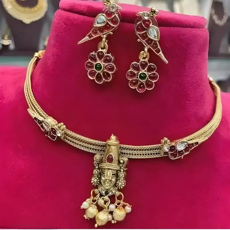 Jewel studio antique gold temple jewelry - lord balaji choker necklace with earrings