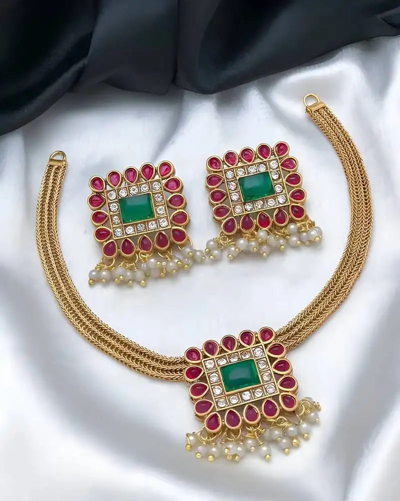 Square kundan necklace set multicolor stone gold-plated jewelry with pearl drops | traditional indian wedding collection
