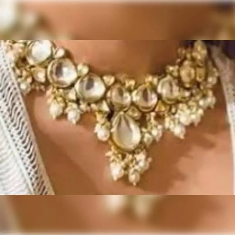 Classic gold-plated polki choker necklace with pearl clusters - elegant traditional wedding jewelry"
