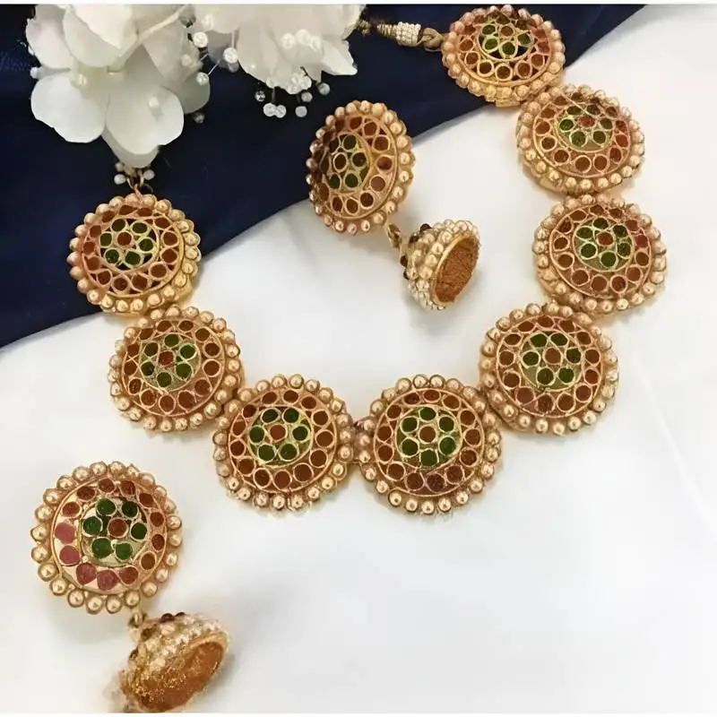 Antique gold floral round disc necklace set - kemp stone traditional choker with earrings - handcrafted temple jewelry