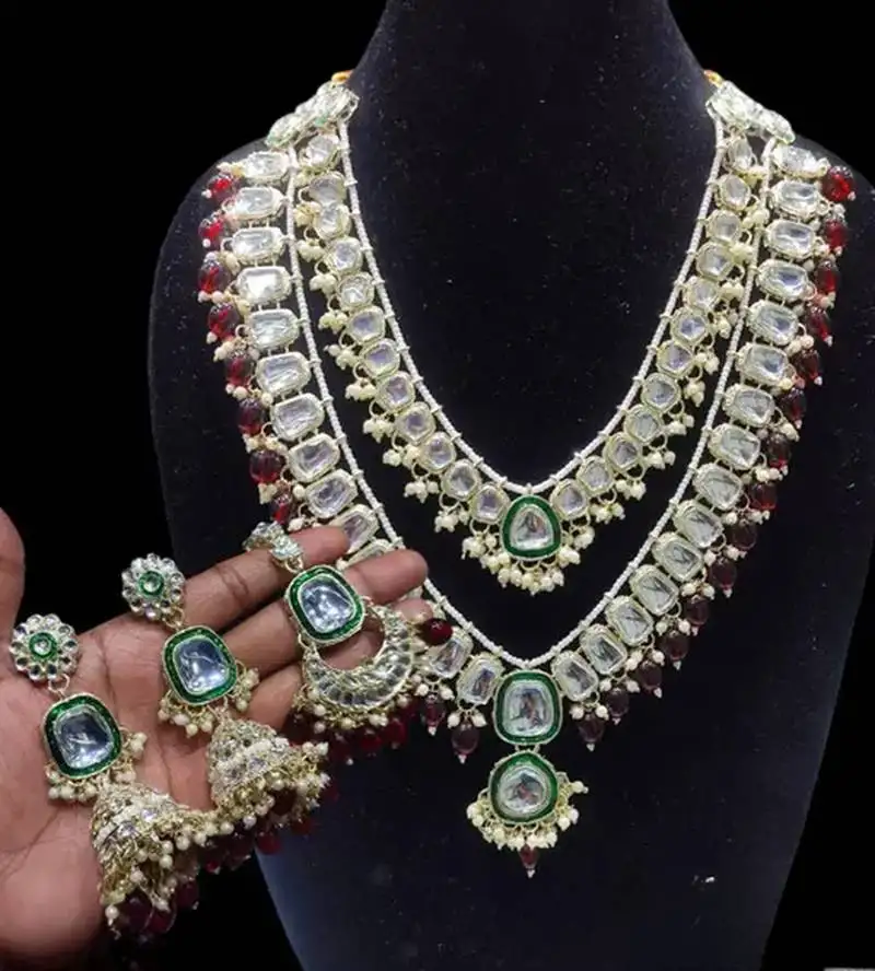 Royal polki kundan necklace set with maroon accents - vintage-inspired bridal collection