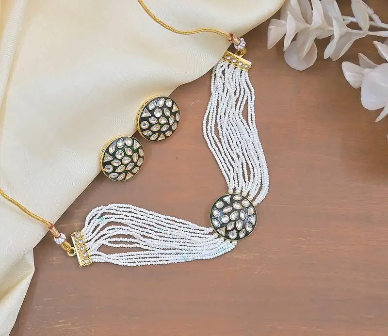 Elegant meenakari pearl choker set - handcrafted kundan necklace with matching studs