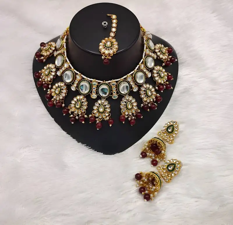 Kundan pearl necklace set with maang tikka - designer meenakari wedding jewelry collection