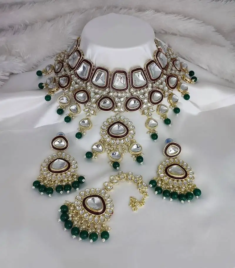 Crystal glass kundan choker set with maang tikka - royal wedding collection (premium pearl drops)
