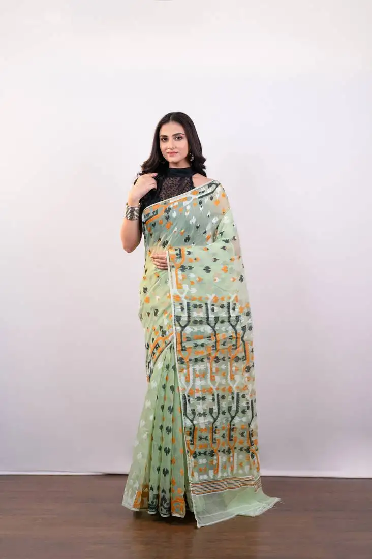 Tea green cotton jamdani saree with multi woven booti