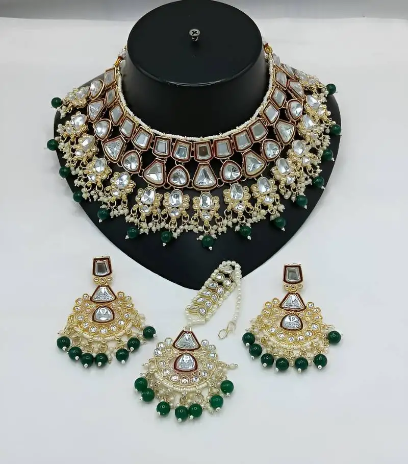 Kundan choker set with pearl tassels - premium glass cut stone wedding collection