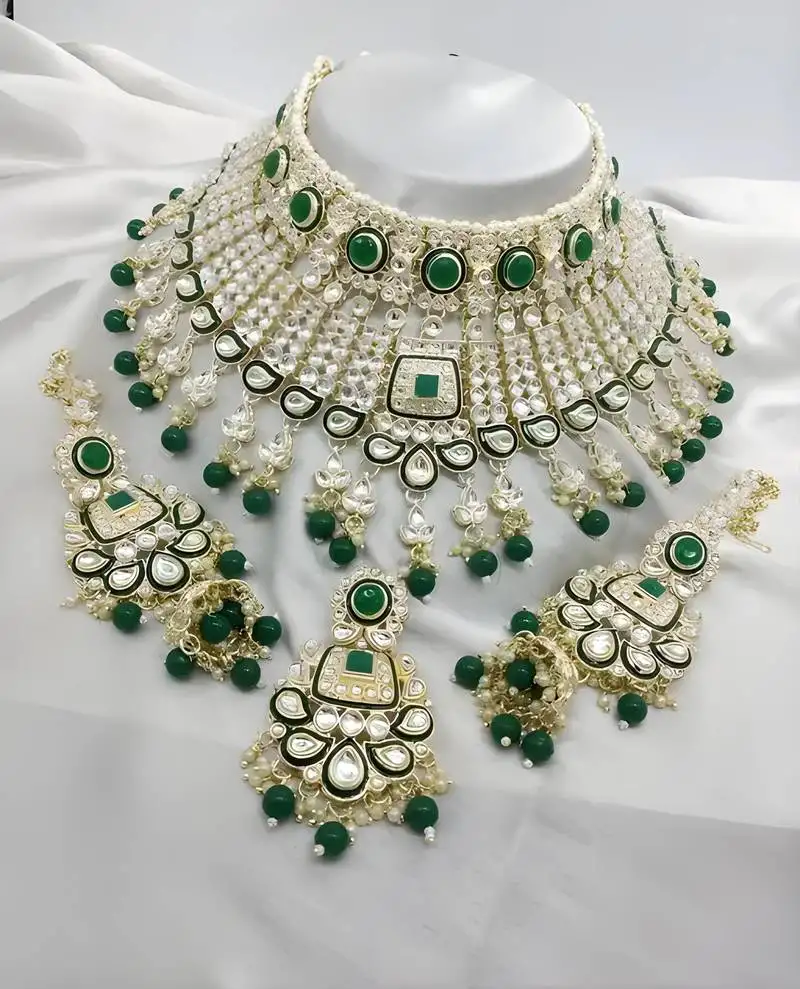 Elegant pearl choker necklace set with kundan work and matching earrings - bridal wedding collection