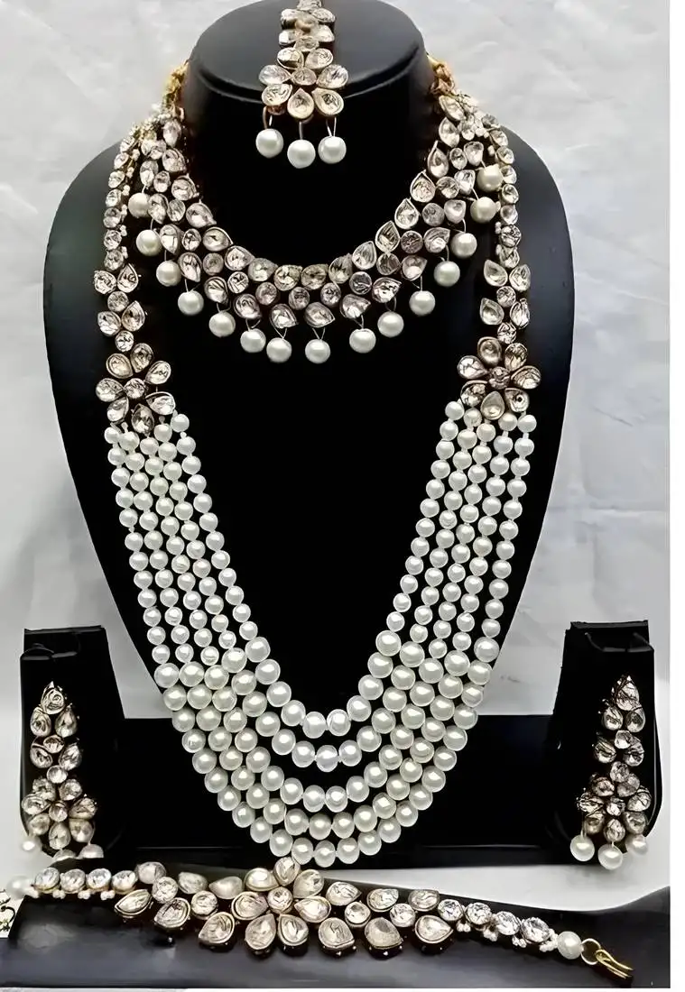 Kundan pearl bridal jewelry set-traditional gold-plated indian wedding necklace set with earrings, maangtikka & bracelet