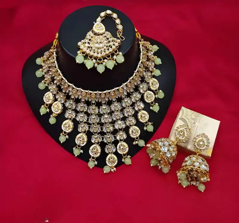 Kundan choker necklace set with maang tikka & jhumka earrings - traditional indian bridal jewelry collection gold-plated