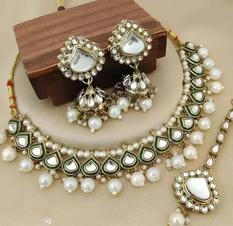 Vintage kundan pearl necklace set with green meenakari-traditional gold-plated indian jewelry with earrings & maangtikka