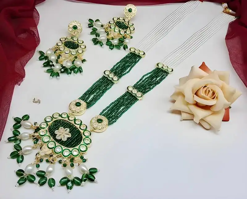 Emerald green kundan crystal maharni har long set - luxurious traditional indian jewelry