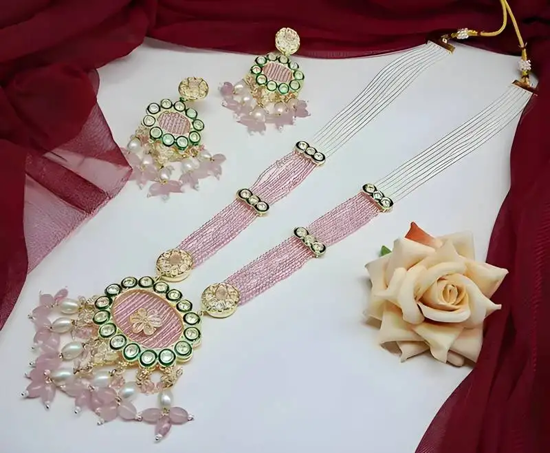 Handcrafted kundan meenakari polki rose quartz statement necklace set - ethnic bridal elegance
