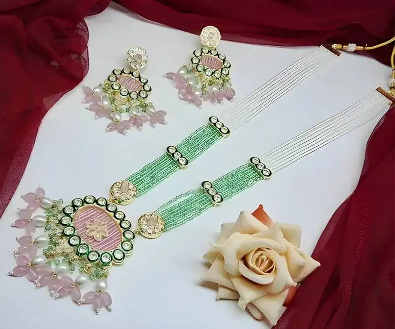 Handcrafted kundan meenakari polki emerald & rose quartz statement necklace set - ethnic bridal elegance