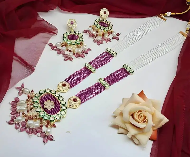 Handcrafted kundan meenakari polki amethyst statement necklace set - ethnic bridal elegance