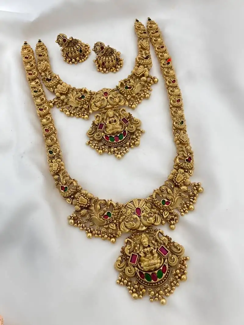 Majestic two-tier lakshmi temple necklace set - antique gold bridal jewelry with multi-stone accents