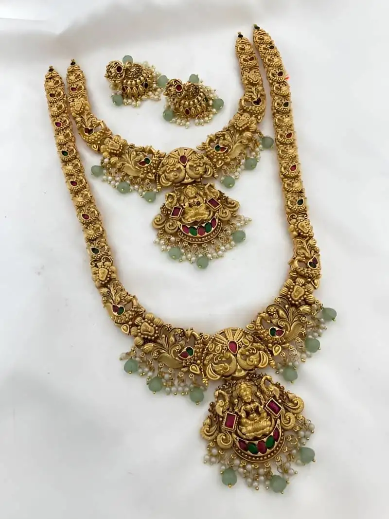 Elegant antique gold temple jewelry necklace set - carved lakshmi design perfect for wedding & festive occasions