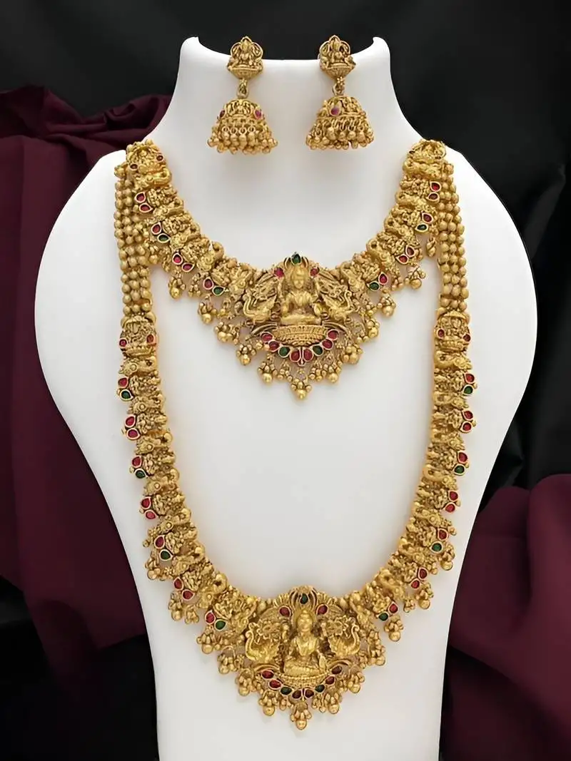 Premium goddess lakshmi temple jewelry long necklace set- antique gold bridal haaram with multi-colored gemstone accents