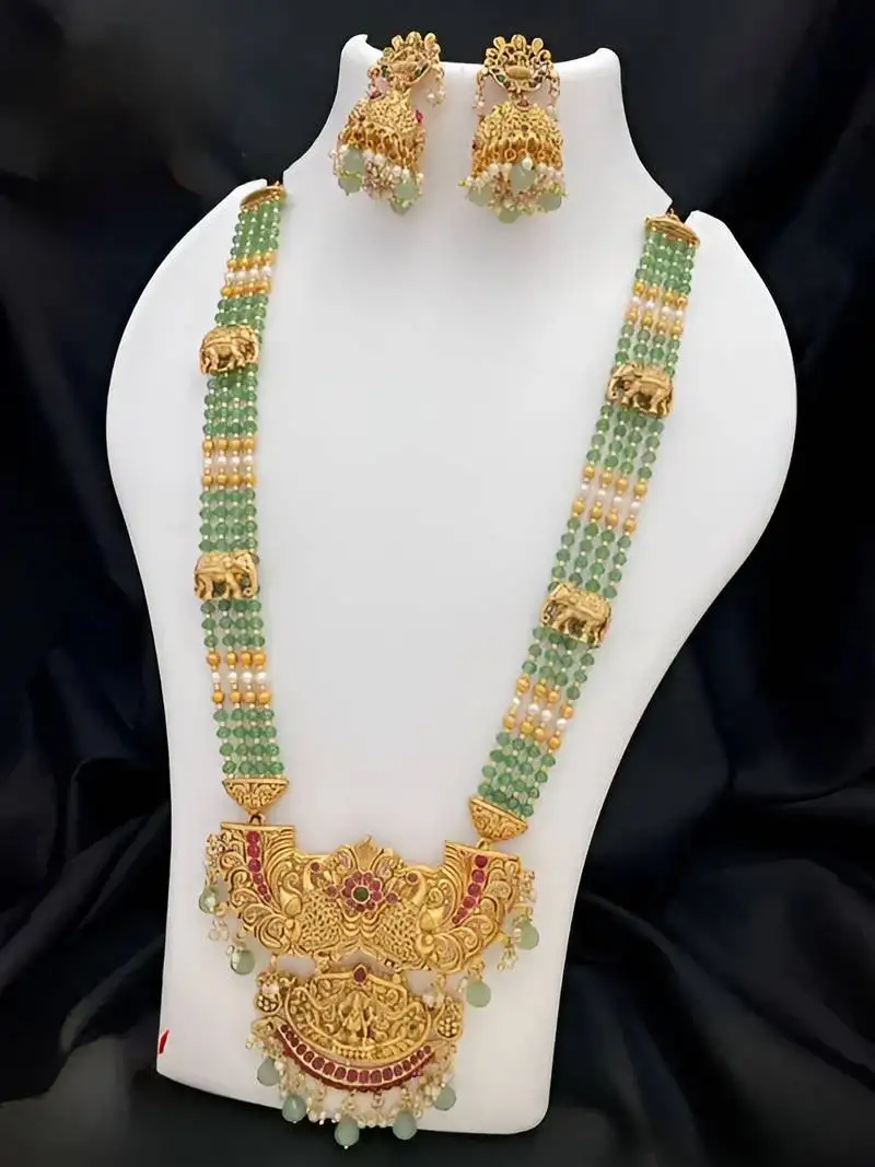 Temple design gold-plated beaded necklace & earring set with green gemstones - traditional handcrafted ethnic jewelry