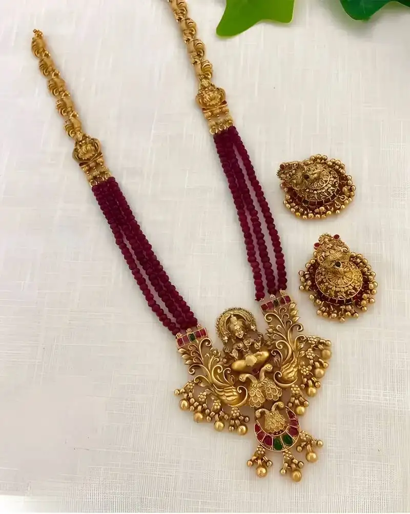 Antique-finish goddess ruby beaded necklace & stud earring set - traditional kemp stone temple jewelry