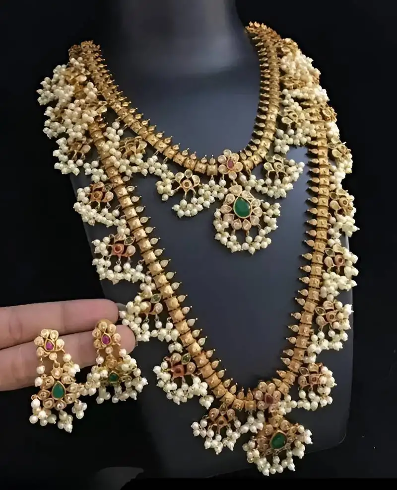 Antique-finish temple jewelry set with green stone & pearl details-traditional south indian bridal necklace earrings set