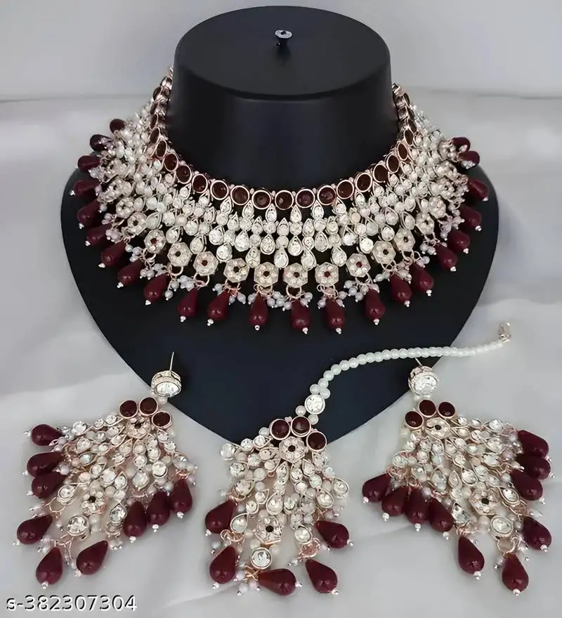 Regal maroon kundan & pearl bridal jewelry set-luxury choker necklace earrings & maang tikka-ethnic wedding & party wear