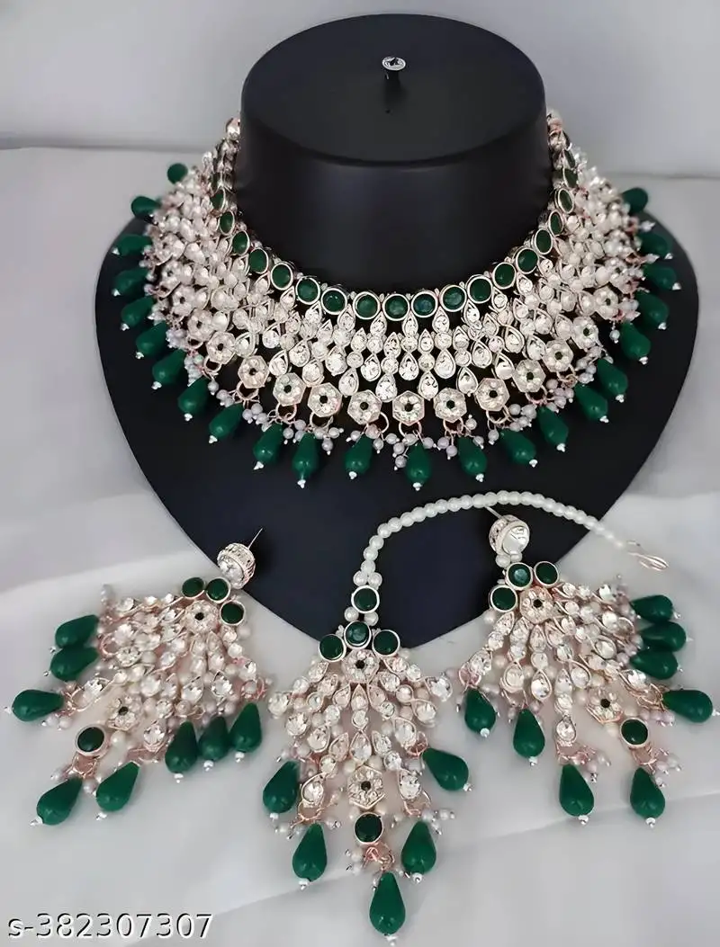 Royal green kundan & pearl bridal jewelry set-luxury choker necklace earrings & maang tikka-ethnic wedding & party wear