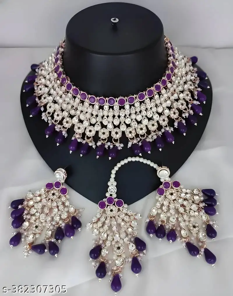 Royal purple kundan & pearl bridal jewelry set-luxury choker necklace earrings & maang tikka-ethnic wedding & party wear
