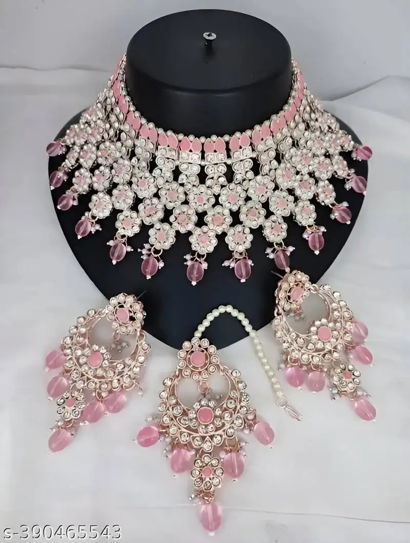Graceful pink kundan & pearl bridal jewelry set-statement choker necklace earrings & maang tikka-wedding & festive wear