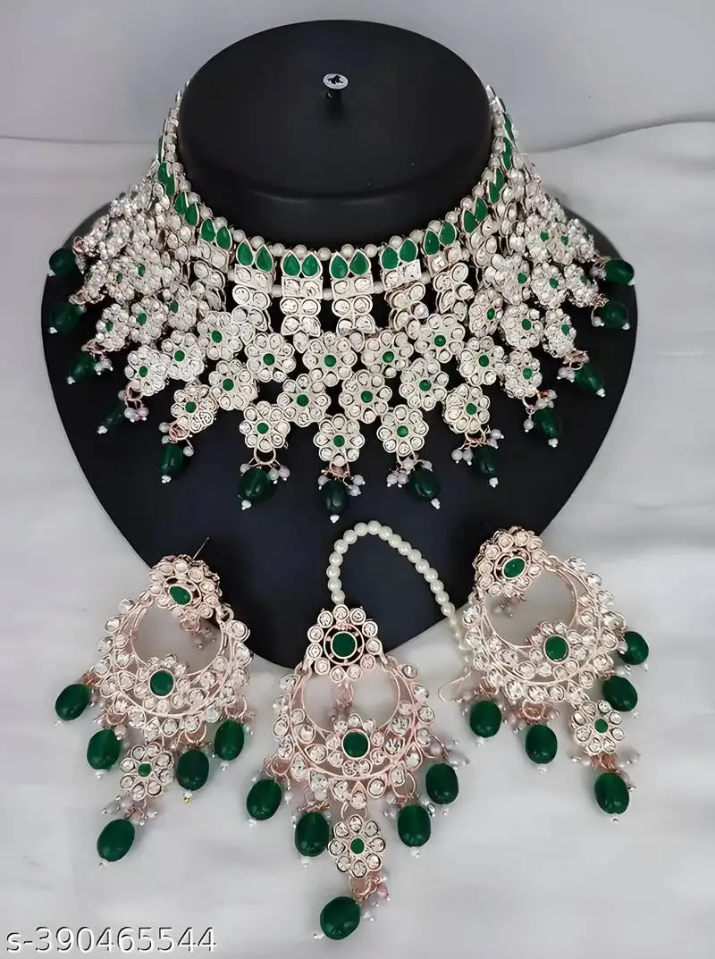 Royal green kundan & pearl bridal jewelry set-statement choker necklace earrings & maang tikka-wedding & festive wear