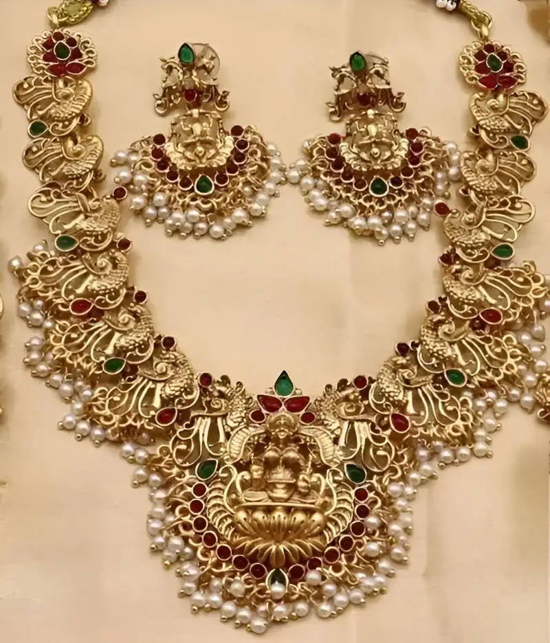 Traditional lakshmi temple necklace set – gold-plated bridal jewelry with pearls & kemp stones