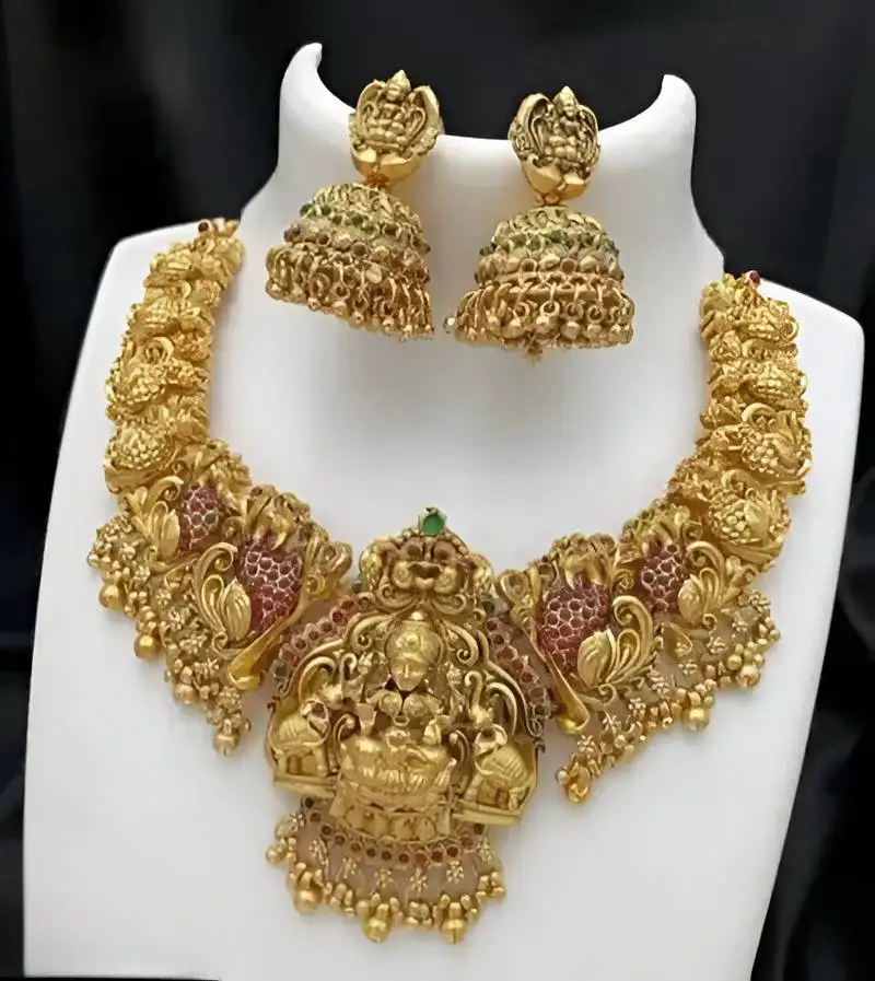 Bridal lakshmi temple necklace set – gold-plated ethnic jewelry with jhumka earrings