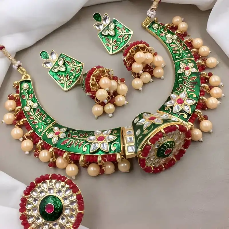 Indian gold plated meenakari kundan traditional choker bridal necklace jewelry