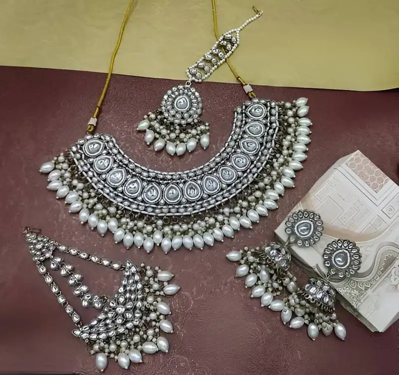 Kundan choker necklace set with tikka, earrings & passa - handcrafted traditional wedding jewelry collection