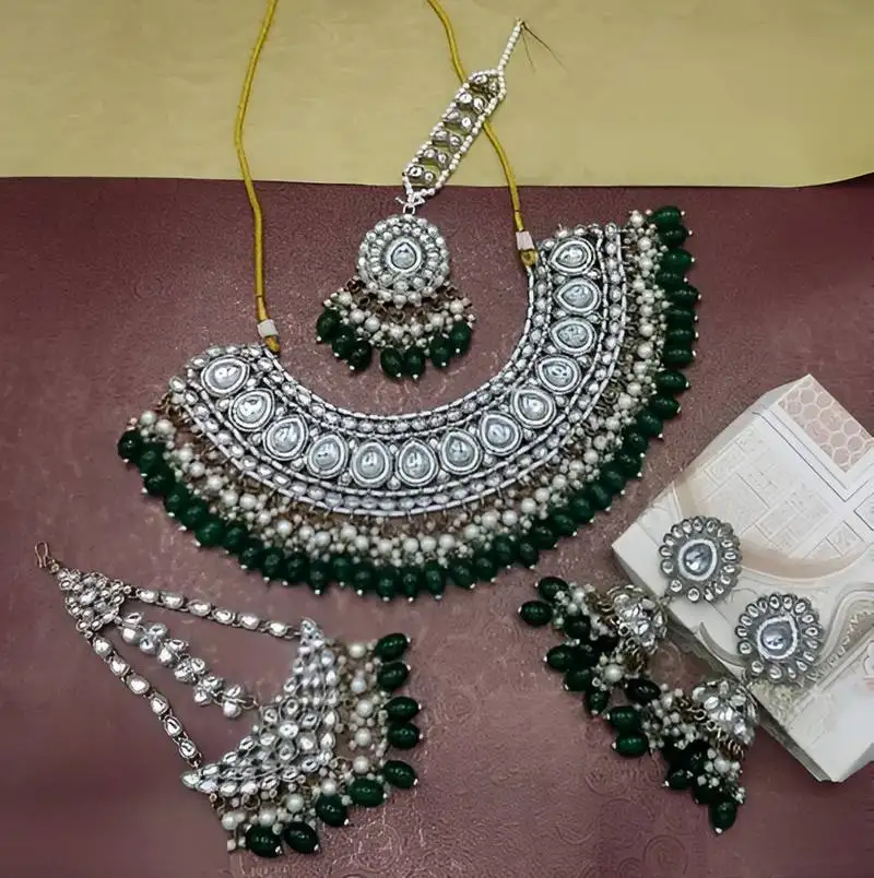 Green kundan choker necklace set with tikka, earrings & passa - handcrafted traditional wedding jewelry collection
