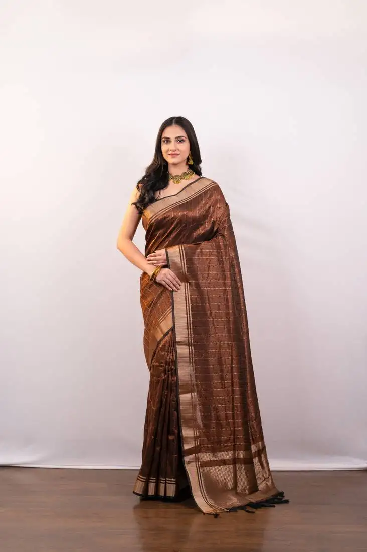 Brown soft banarasi art silk saree with zari border