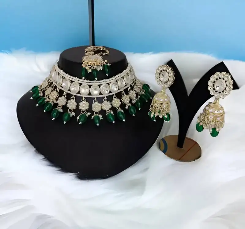 Elegant pearl choker necklace set with maang tikka and jhumka earrings - traditional indian bridal jewelry collection