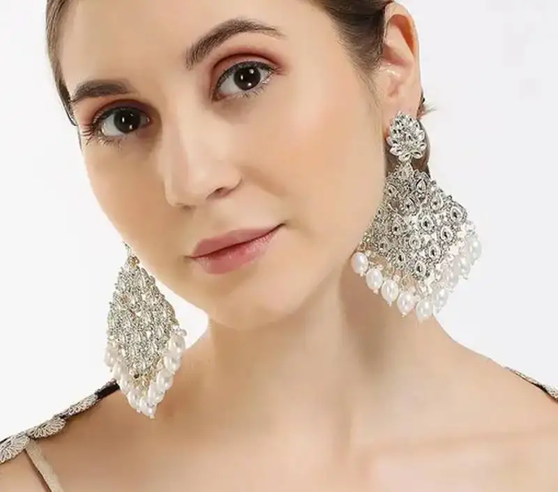 Luxurious white chandelier earrings - traditional indian statement jewelry for wedding & festival elegance