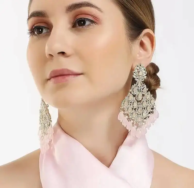 Luxurious pink chandelier earrings - traditional indian statement jewelry for wedding & festival elegance