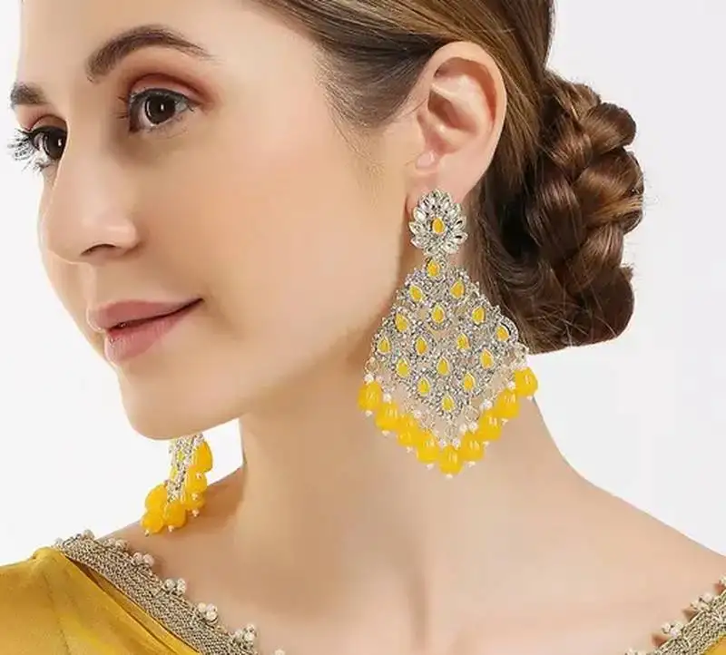 Luxurious yellow chandelier earrings - traditional indian statement jewelry for wedding & festival elegance