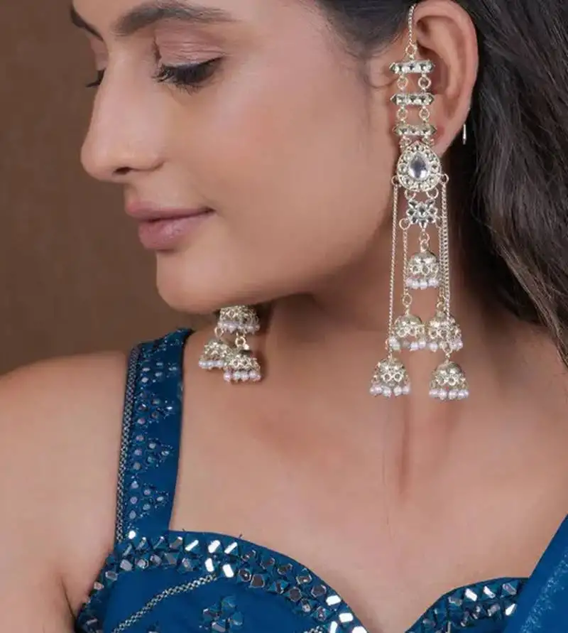 Silver kashmiri jhumka earrings - traditional pearl drop chandelier earrings for wedding & festival wear