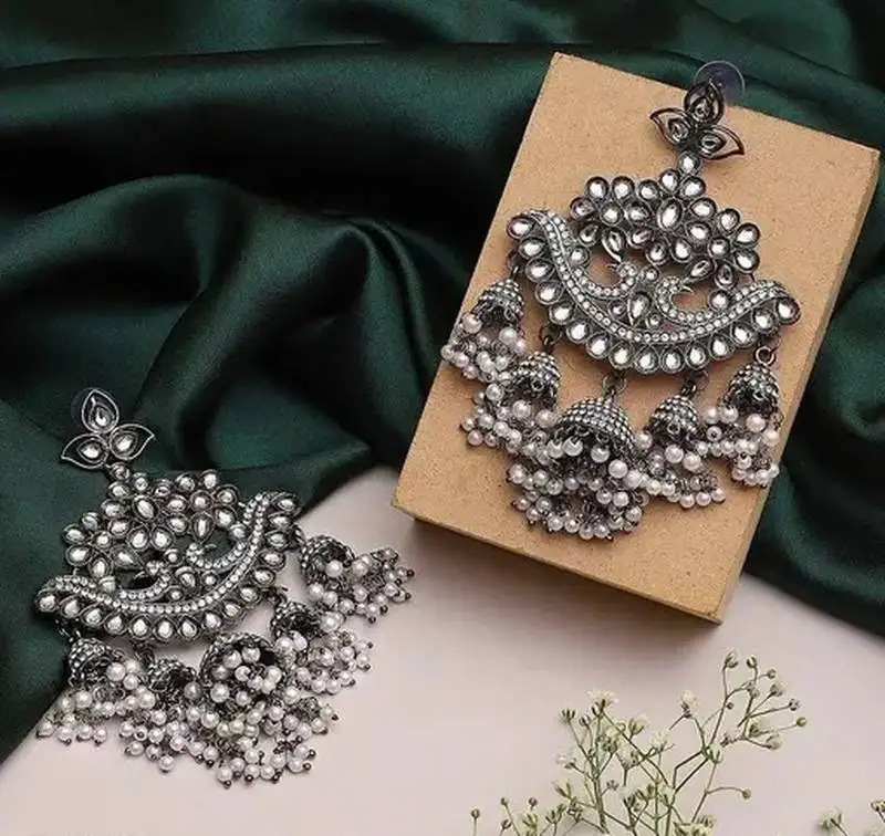 Antique silver oxidized kundan jhumka earrings - handcrafted bridal chandelier earrings with pearl clusters